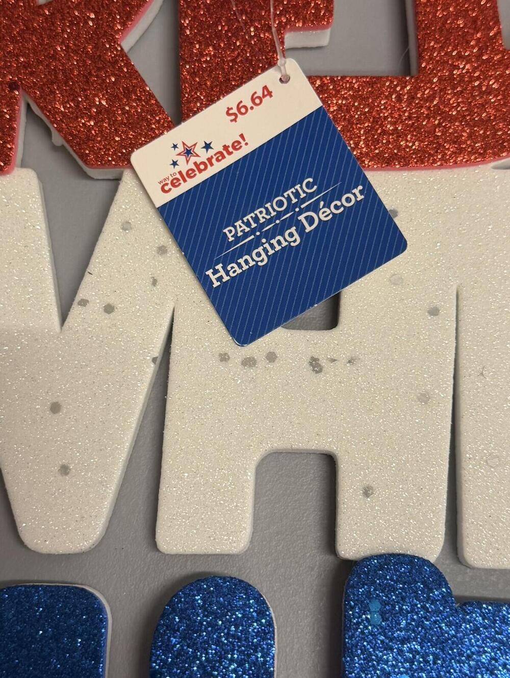 Patriotic RED WHITE BLUE Glitter Hanging Decor Wall Sign - Picture 5 of 5